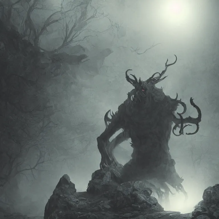 Image similar to a gigantic demon on a cobblestone hard mountain, night, scary, eerie, foggy lighting, rim light, digital art.