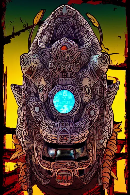 Image similar to totem animal tribal chaman vodoo mask feather gemstone plant global illumination ray tracing hdr that looks like it is from borderlands and by feng zhu and loish and laurie greasley, victo ngai, andreas rocha, john harris