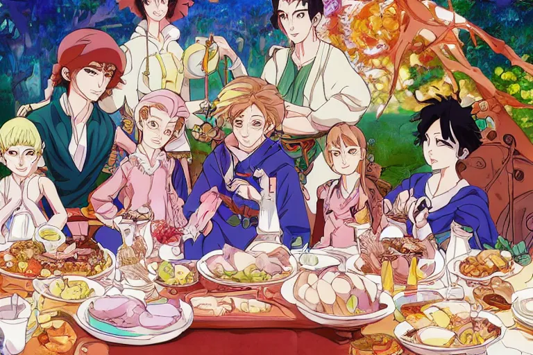 Image similar to cell shaded anime key visual of a royal family having a feast in the style of studio ghibli, moebius, ayami kojima, makoto shinkai, dramatic lighting, clean lines