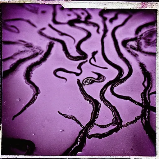 Image similar to close up eldritch purple tentacles and tendrils coming out of a puddle in a typical uk town. horror. sinister. polaroid