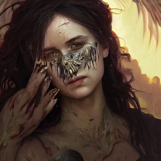 Image similar to portrait of a fallen angel, bloody wings, face covered in dirt and blood, crying, intricate, headshot, highly detailed, digital painting, artstation, concept art, sharp focus, cinematic lighting, illustration, art by artgerm and greg rutkowski, alphonse mucha, cgsociety