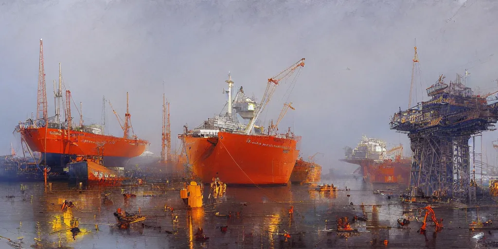 Prompt: a foggy shipyard with huge cranes, docked spaceships, astronauts and workers with helmets and orange suits, hyperrealism, no blur, 4k resolution, ultra detailed, style of John Berkey, Norman Rockwell, Hans Thoma, Ivan Shishkin, Tyler Edlin, Thomas Kinkade