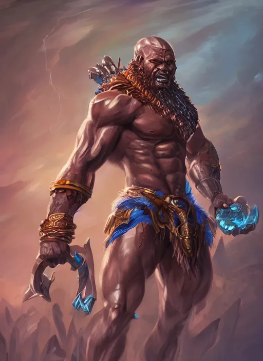 Image similar to a highly detailed illustration of berserker african god of lightning, muscular, intricate, elegant, highly detailed, centered, digital painting, artstation, concept art, smooth, sharp focus, league of legends concept art, WLOP