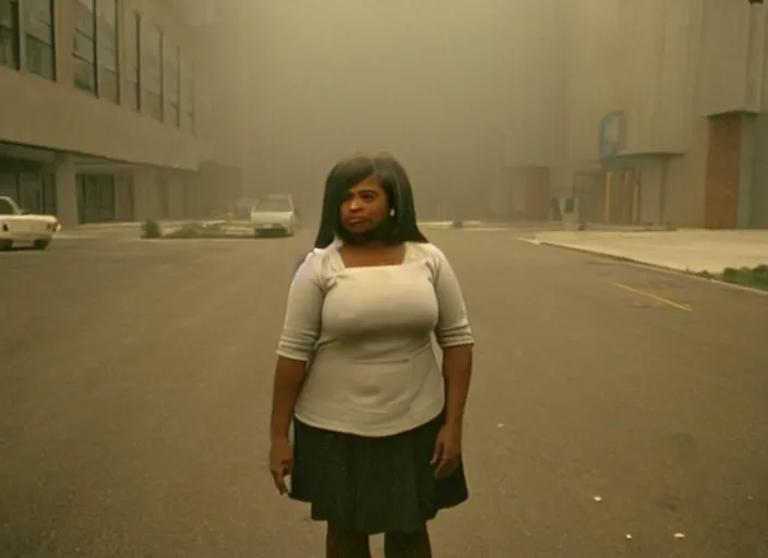 Image similar to cinematic screenshot high angle wide shot of octavia spencer outside a foggy abandoned department store empty parking lot, one car, paranoia everywhere, screenshot from the tense thriller film ( 2 0 0 1 ) directed by spike jonze, volumetric hazy lighting, moody cinematography, 3 5 mm kodak color stock, 2 4 mm lens