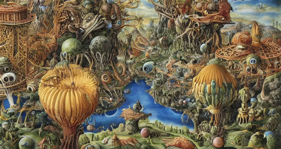 Prompt: alien planet, inhabited by giant aliens, dichromatism, 8 k, super - resolution, massive scale, insanely detailed and intricate, hypermaximalist, elegant, ornate, hyper realistic, super detailed, by maria sibylla merian, by remedios varo uranga