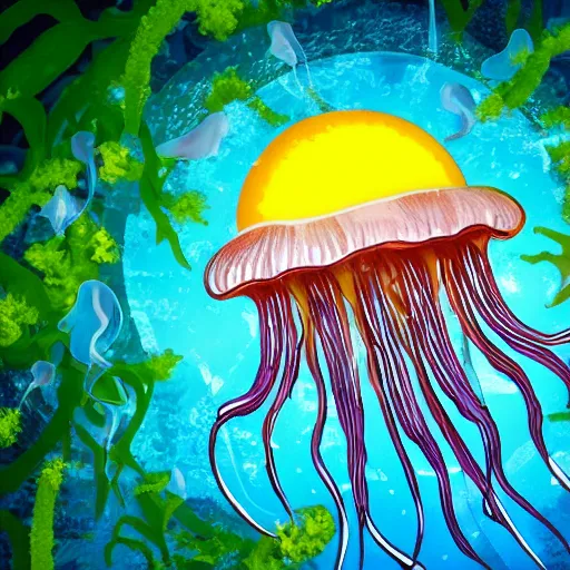 Image similar to jellyfish, mushroom, sun, water, forest