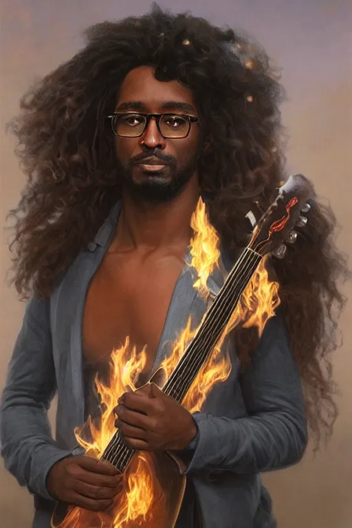 Prompt: A mystical mesmerizing 8k hyperrealistic Photo Portrait of a black man with long curly hair, wearing glasses, carrying a guitar, transforming into fire, soft, sharp focus, detailed, art by Greg Rutkowski and artgerm and Alphonse Mucha