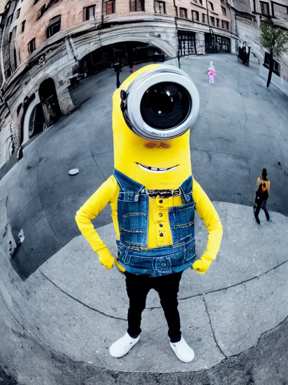 Image similar to minon from despicable me in fashionable streetwear, urban photoshoot, fisheye lens, photograph