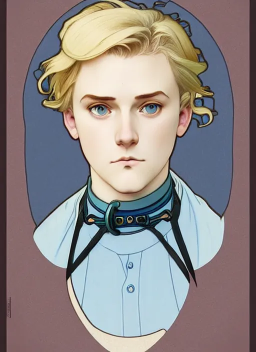 Prompt: art nouveau portrait of a pretty young man with short blond hair, light blue eyes, sad expression, scared, head down, shy and demure, wearing a choker collar, natural lighting, path traced, highly detailed, high quality, cartoon, digital painting, by don bluth and ross tran and studio ghibli and alphonse mucha