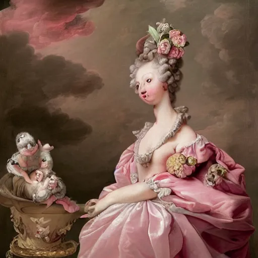 Prompt: pugs heaven on pink clouds adopts the language of Rococo, reimagining the dynamism of works by eighteenth-century artists such as Giovanni Battista Tiepolo, François Boucher, Nicolas Lancret and Jean-Antoine Watteau through a filter of contemporary cultural references including film, food and consumerism