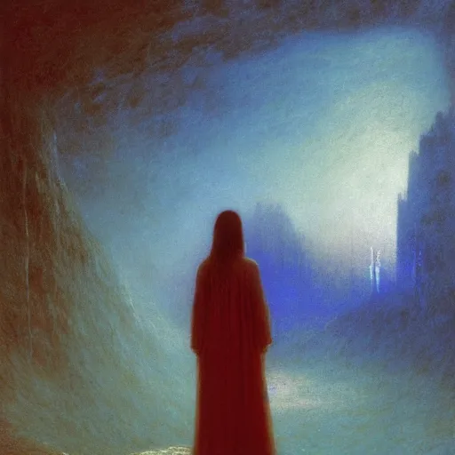 Prompt: a young woman lucid dreaming in cyberspace photoreal, atmospheric, by william turner, by beksinski, by caspar david friedrich, oil painting, romantism, realism, limited palette