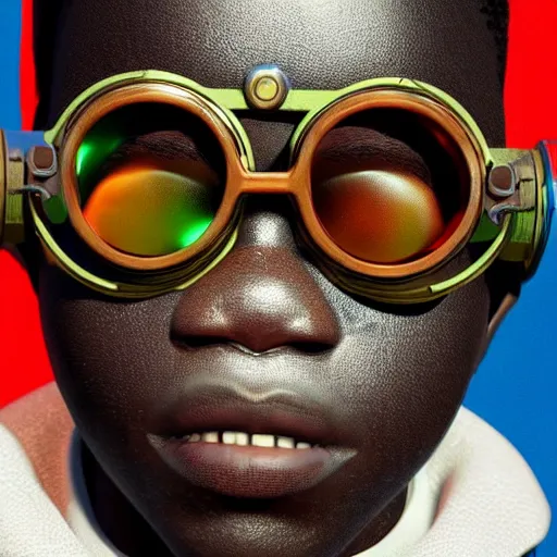 Image similar to vfx portrait - art of a nigerian boy wearing colourful steam punk goggles, art by utagawa kunisada & james jean, volumetric light, symmetrical, ray tracing, unreal engine, octane 3 d render, sharp, detailed, digital render, illustration, highly detailed, intricate detail, pinterest, behance, art station,