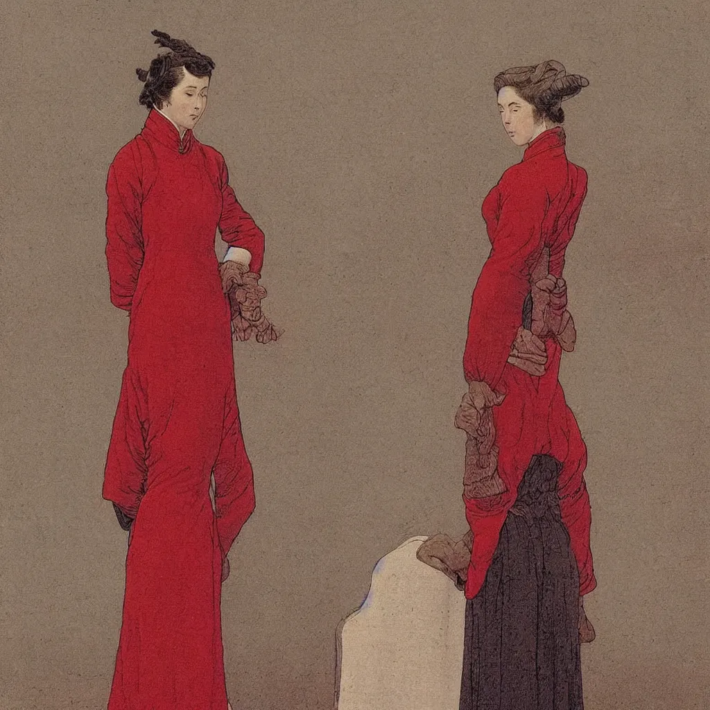 Image similar to a lady in a red cheongsam, highly detailed, comicstyle, by caspar david friedrich.