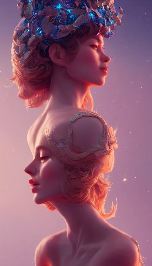 Image similar to a beautiful goddesses, profile, full body, universe in the background, dream, highly detailed, digital painting, refreshing, trending on artstation, octane render, illustration by james jean