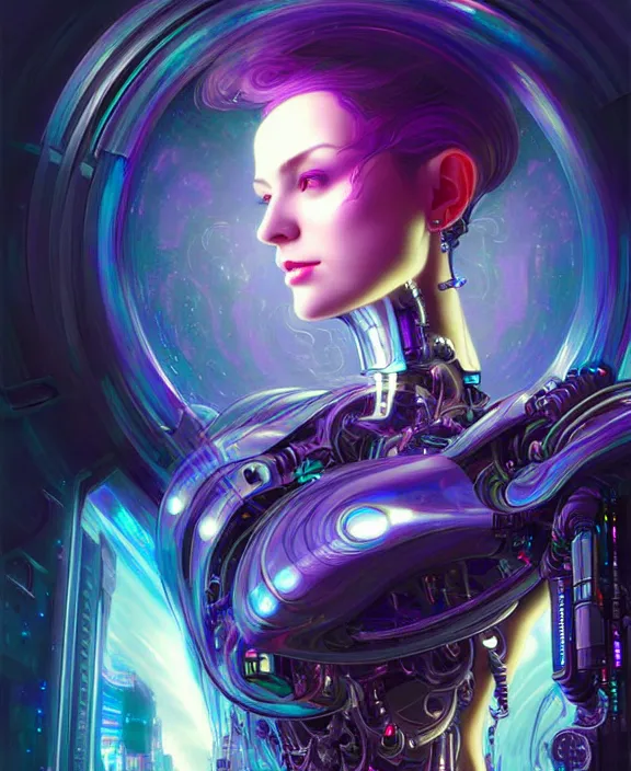 Image similar to a whirlwind of souls rushing inside the metaverse, hologram, half body, neurochip, shaved temple, piercing, jewelry, android, cyborg, cyberpunk face, by loish, d & d, fantasy, intricate, elegant, highly detailed, colorful, digital painting, artstation, concept art, art by artgerm and greg rutkowski and alphonse mucha