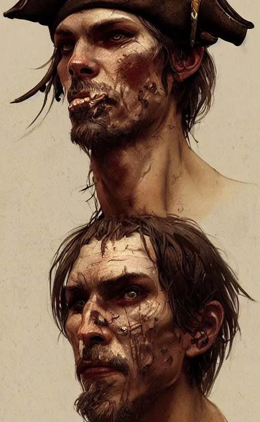 Image similar to a portrait of a male pirate, sick and skinny, dirty face, no teeth, concept art, deep focus, intricate, highly detailed, digital painting, artstation, matte, sharp focus, illustration, art by greg rutkowski and alphonse mucha