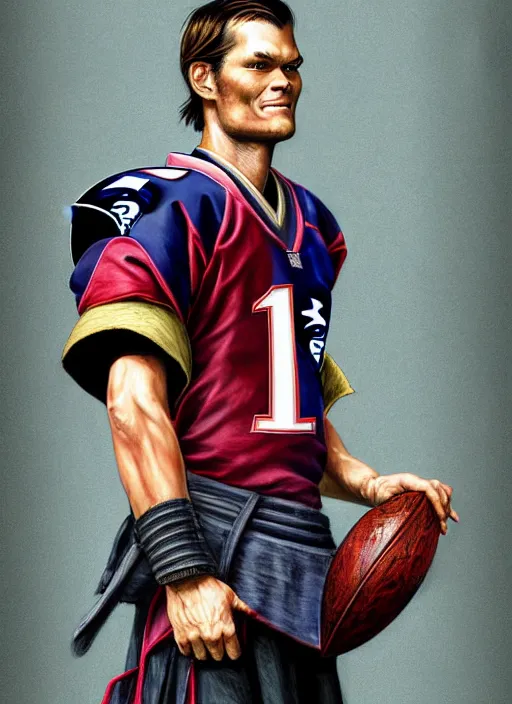 Prompt: formal portrait of samurai tom brady, digital art by eugene de blaas, ross tran, and nasreddine dinet, vibrant new england patriots color scheme, intricately detailed, in the style of romanticism. artstation, greg rutkowski