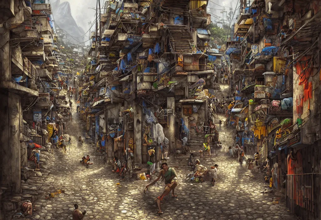 Prompt: photorealistic favela rocinha rio de janeiro with precise rendered alleys with intricate details of gun happy people in alley close view by Justin Gerard