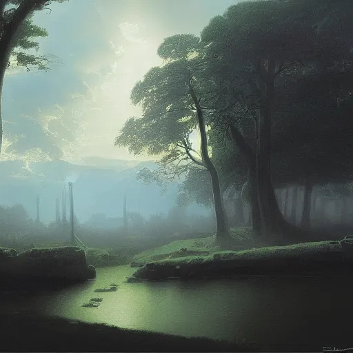 Image similar to Landscape by Ferdinand Keller and Arnold Böcklin and Jean-Auguste-Dominique Ingres and Michael Whelan and Albert Bierstadt, moody atmosphere, cinematic atmospheric, artstation, high definition