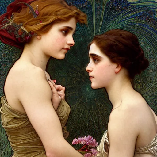 Image similar to detailed portrait art nouveau painting of a humanoid cyborg Chloe Grace Moretz, and Emma Watson with anxious, piercing eyes, by Alphonse Mucha, Michael Whelan, William Adolphe Bouguereau, John Williams Waterhouse,and Donato Giancola