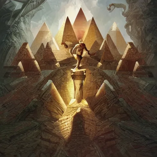 Image similar to pyramid with snake wrapped around it by artgerm and Craig Mullins, James Jean, Andrey Ryabovichev, Mark Simonetti and Peter Morbacher 16k