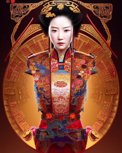 Image similar to portrait of a chinese cyberpunk machine, machine face, upper half portrait, decorated with chinese opera motifs, regal, asian, fine china, wuxia, traditional chinese art intricate intense elegant 京 剧 highly detailed digital painting artstation concept art smooth sharp focus illustration, art by artgerm and greg rutkowski alphonse mucha 8 k