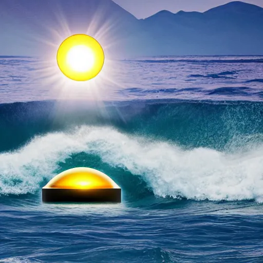 Prompt: the photo shows a large, disk - shaped object hovering in the sky above the ocean waves and mountains. the object appears to be surrounded by a golden bright aura. there is no sign of any engines or propulsion system. the photo was taken by a professional photographer.