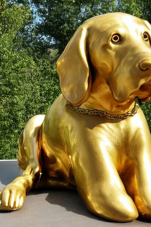 Image similar to a huge golden statue of a dog smiling, photography