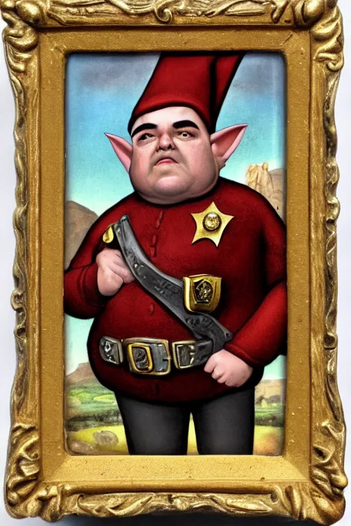 Prompt: high fantasy elf mall cop with a sheriff's badge that is fat, shifty, 1500s Oil Portrait, Carvagio