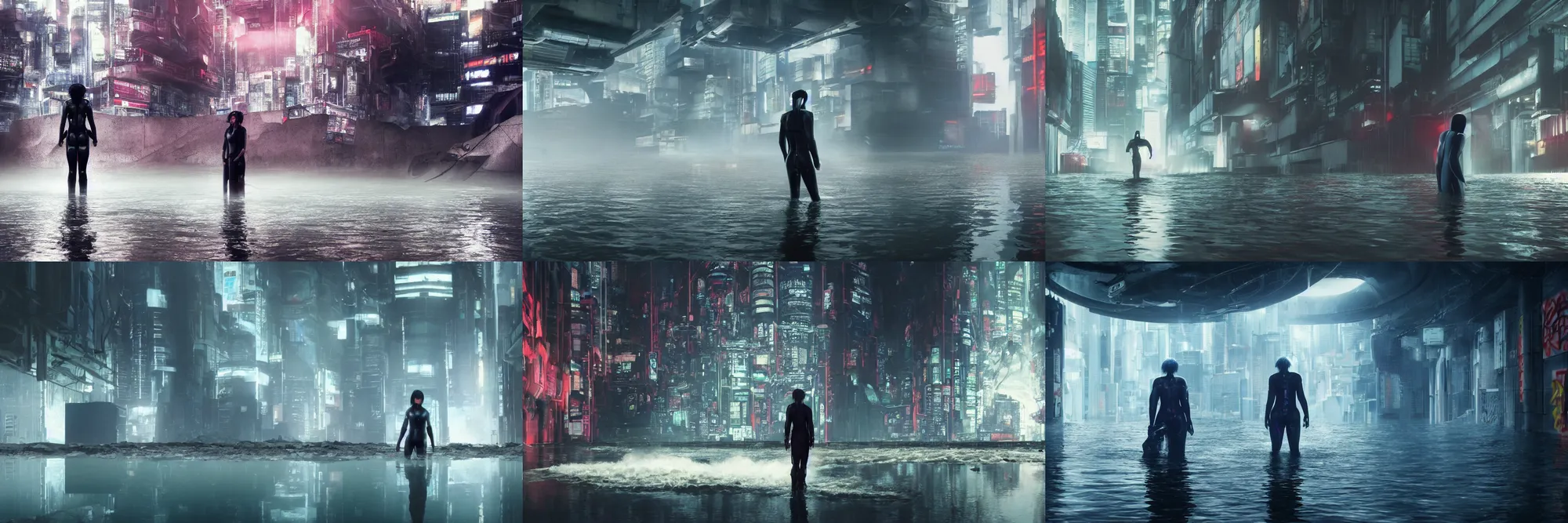 Prompt: ghost in the shell movie screenshot, person standing in edge of large round sewer pipe in underground london sewer, graffiti on walls, flood, water, submerged dramatic, misty, cinematic lighting, ghibli, sharp focus, ilblard jikkan, by koji morimoto, by tatsuyki tanaka, 4 k