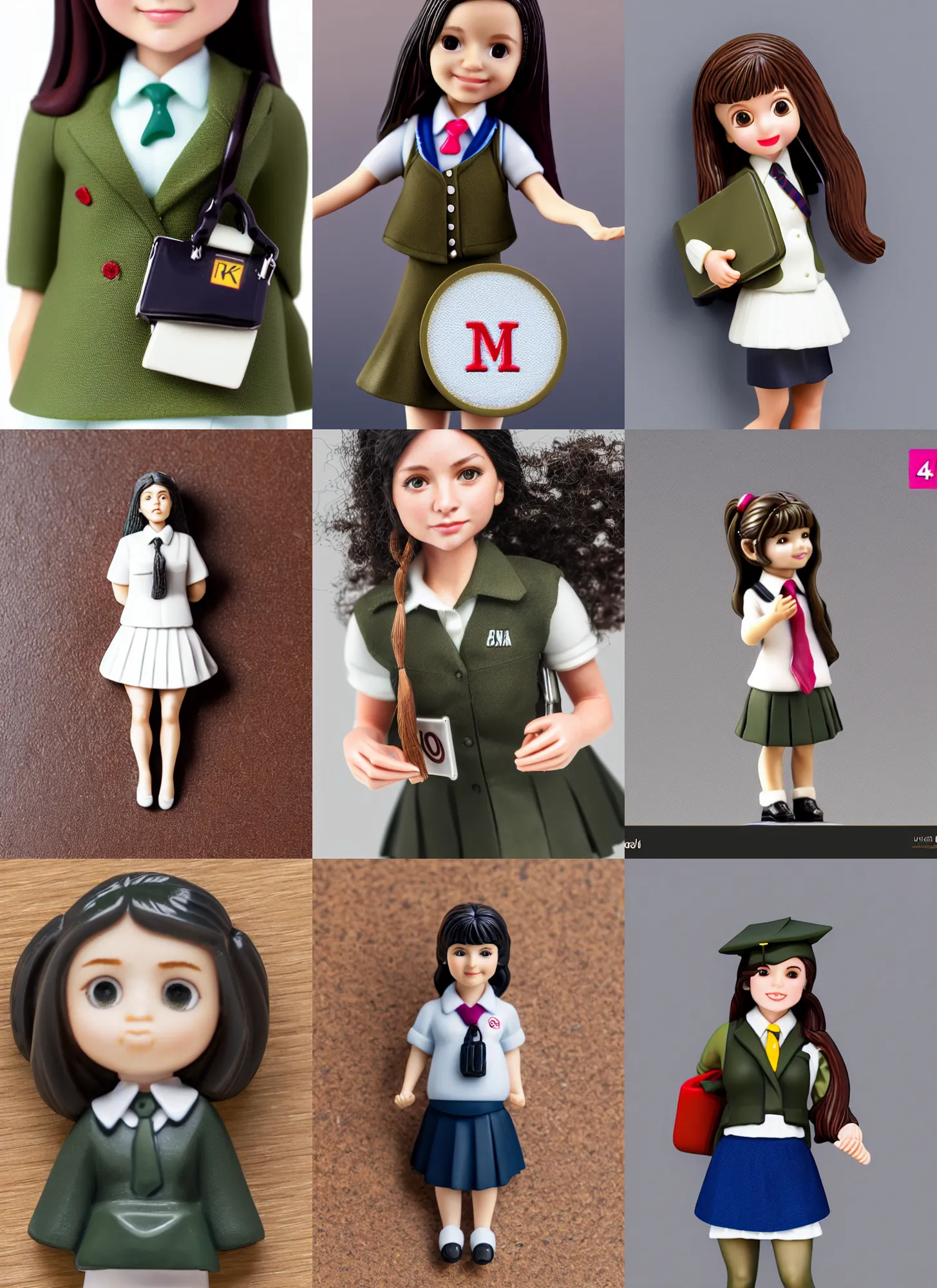 Prompt: 80mm resin detailed miniature of a school girl, olive skin, school uniform, long black hair, bag, on textured disc base, Company logo in upper left corner; Miniature product Photo, 4K, Full body