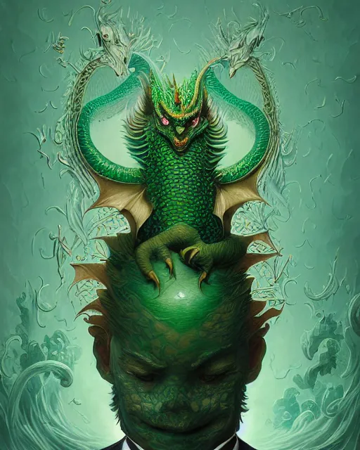 Image similar to anthropomorphic art of a businessman dragon, green dragon, dragon head, portrait, victorian inspired clothing by artgerm, victo ngai, ryohei hase, artstation. fractal papers and books. highly detailed digital painting, smooth, global illumination, fantasy art by greg rutkowsky, karl spitzweg