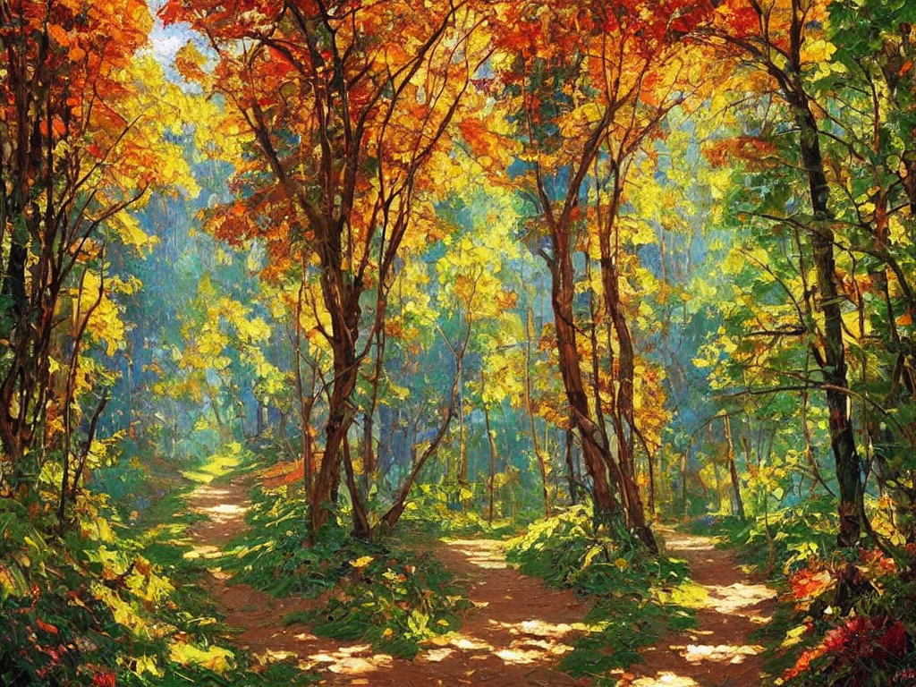 Prompt: majestic nature scenery, forest path, breathtaking oil painting by erin hanson, alexi zaitsev, karl spitzweg, craig mullins, award winning, impressionistic