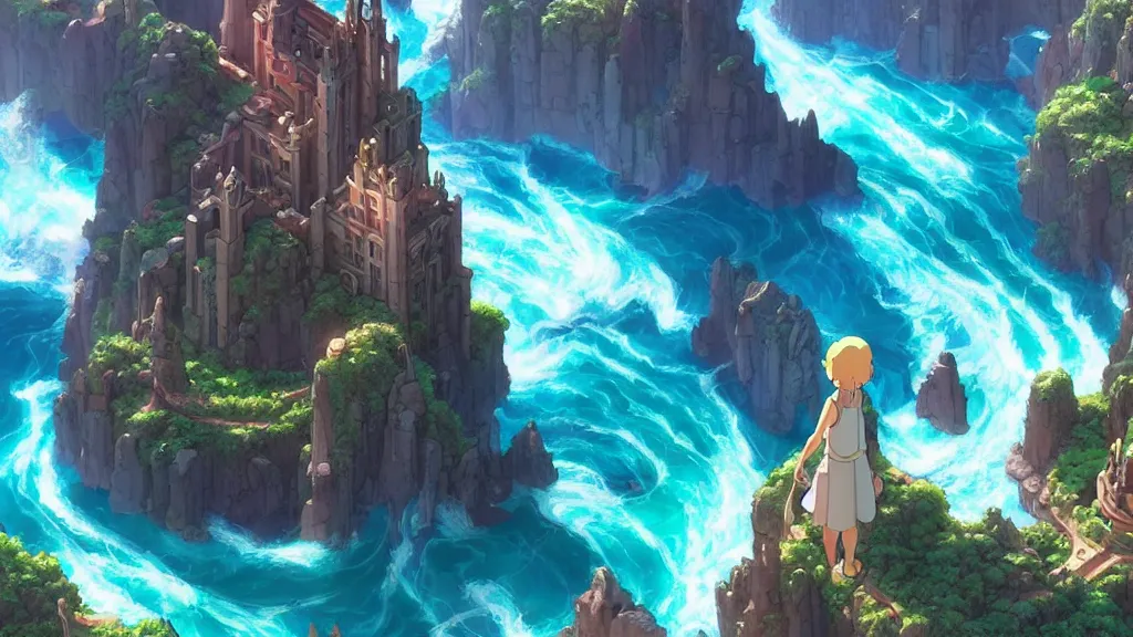 Image similar to atlantis, studio ghibli, pixar and disney animation, sharp, rendered in unreal engine 5, highly detailed, digital painting, artstation, concept art, smooth, sharp focus, illustration, wide angle, artbook, wallpaper, splash art, promo art, dramatic lighting, art by artgerm and greg rutkowski and bo chen and jin xiaodi