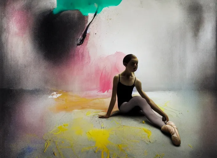 Image similar to portrait of nervous young girl ballerina sitting on the floor focusing in a dance hall by alberto seveso and hernan bas and francis bacon and pat steir and hilma af klint, psychological, photorealistic, symmetrical face, dripping paint, washy brush, matte painting, rendered in octane, altermodern, masterpiece