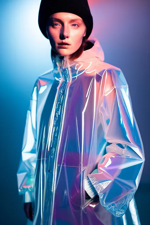 Image similar to an ultra high definition professional high fashion portrait studio full length photograph of a model wearing a transparent pearlescent raincoat and neon visor in an icelandic black rock environment at dawn. no artefacts. extremely detailed. stark. refraction. shallow depth of field. volumetric light and shadow. ray tracing. light rays.