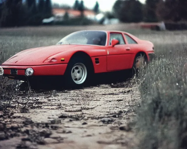 Prompt: a lomographic photo of ferrari standing in typical soviet yard in small town, hrushevka on background, cinestill, bokeh