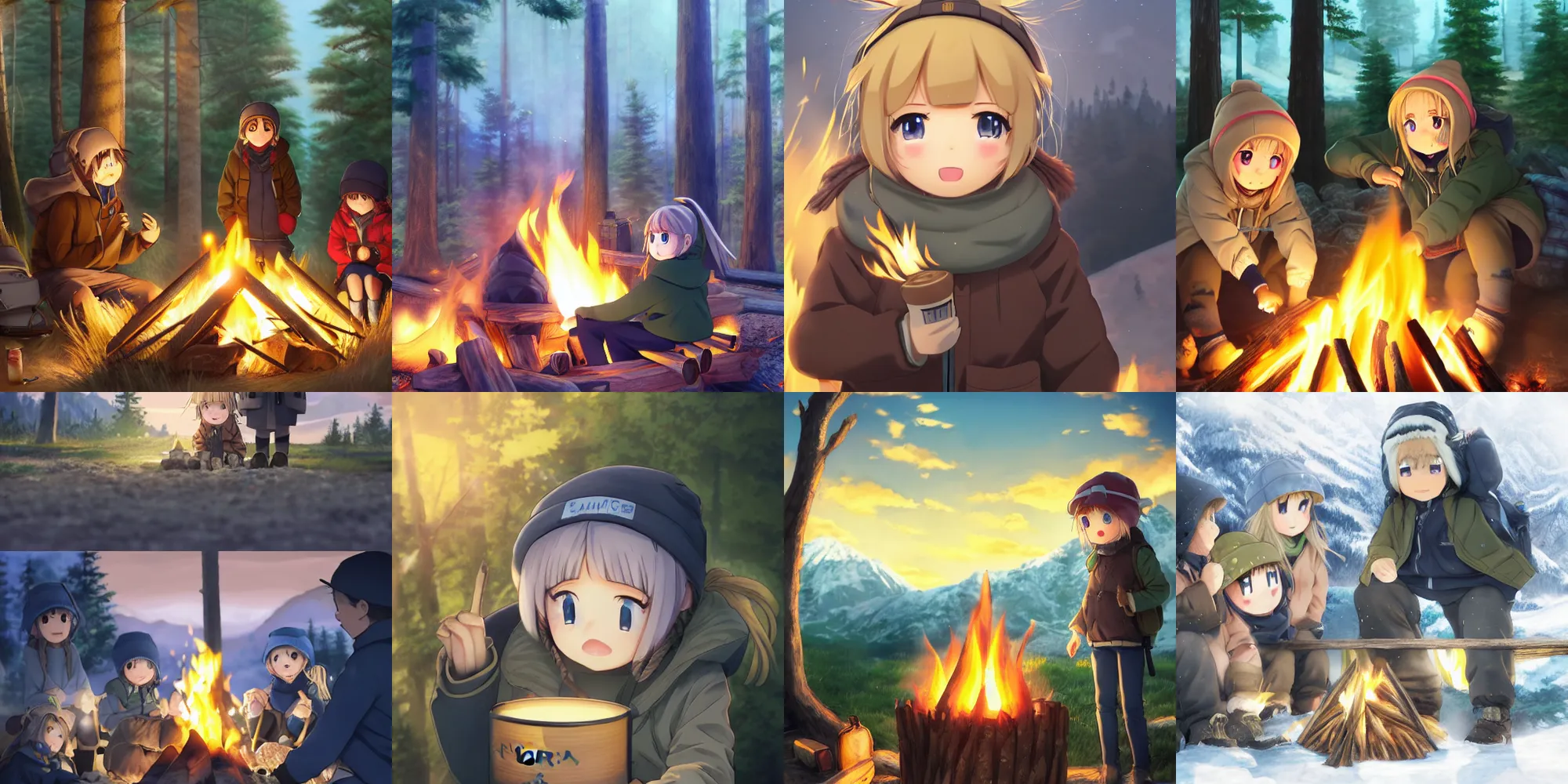 Prompt: yuru camp anime campfire trending on artstation extermely detailed blue eyes, cinematic lighting, highly realistically detailed, trending on pixiv , Unreal Engine 4k, hyperdetailed faces, manga cover, official anime key visual