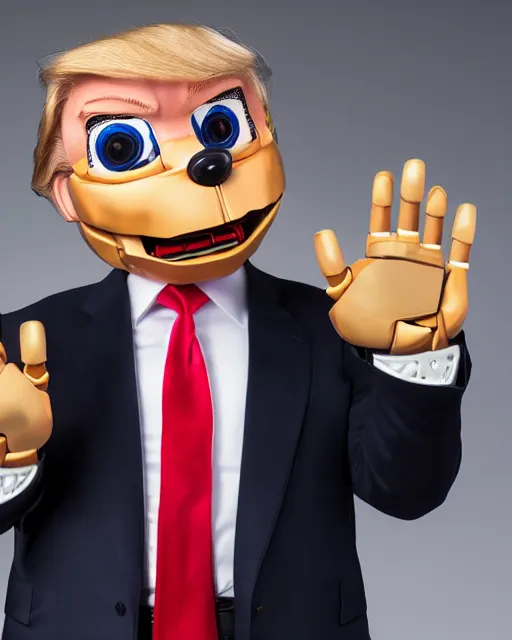 Prompt: Donald Trump as an animatronic Robot, Hyperreal, highly detailed hands and Face, Full Body, Studio Lighting, in the Style of Disney Imagineering