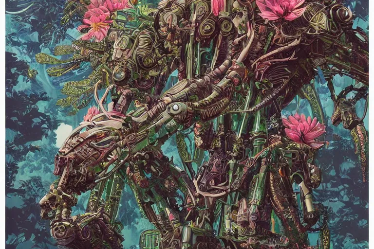 Image similar to gigantic mecha head, a lot of exotic vegetation, trees, flowers by moebius, dull colors, junji ito, tristan eaton, victo ngai, artgerm, rhads, ross draws, hyperrealism, intricate detailed, risograph