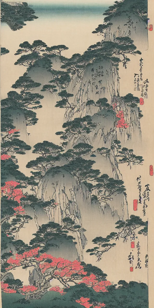 Prompt: sakuras, taoist monks and temples in huangshan, artwork by katsushika hokusai and utagawa hiroshige