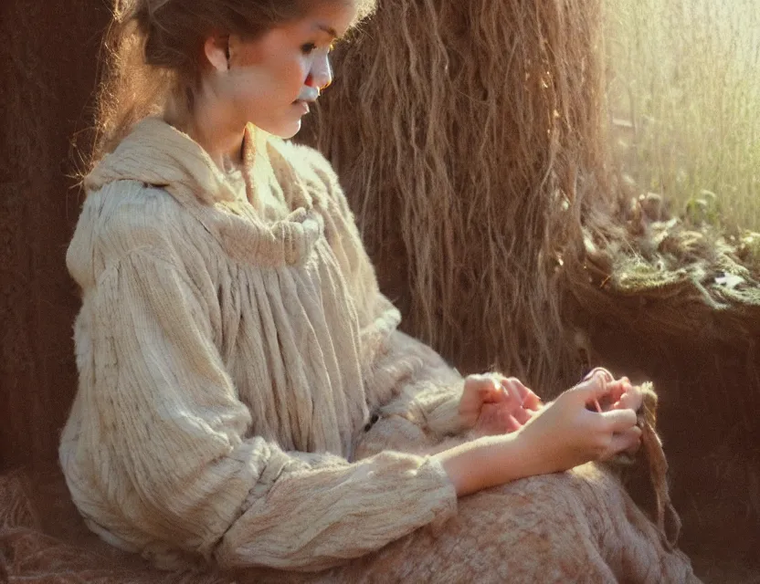 Image similar to peasant girl with long hair yarn knitting, cottage core, cinematic focus, polaroid photo bleached vintage pastel colors high - key lighting, soft lights, foggy, by steve hanks, by lisa yuskavage, by serov valentin, by tarkovsky, 8 k render, detailed, oil on canvas