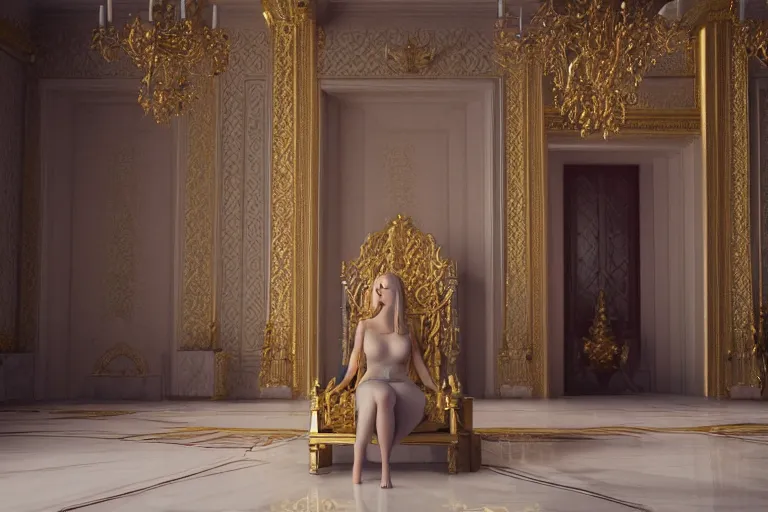 Image similar to beautiful blonde woman standing in throne room, octane render, hyper realism