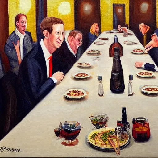 Image similar to a painting of mark zuckerberg eating dinner with the illuminati, realistic, oil painting.