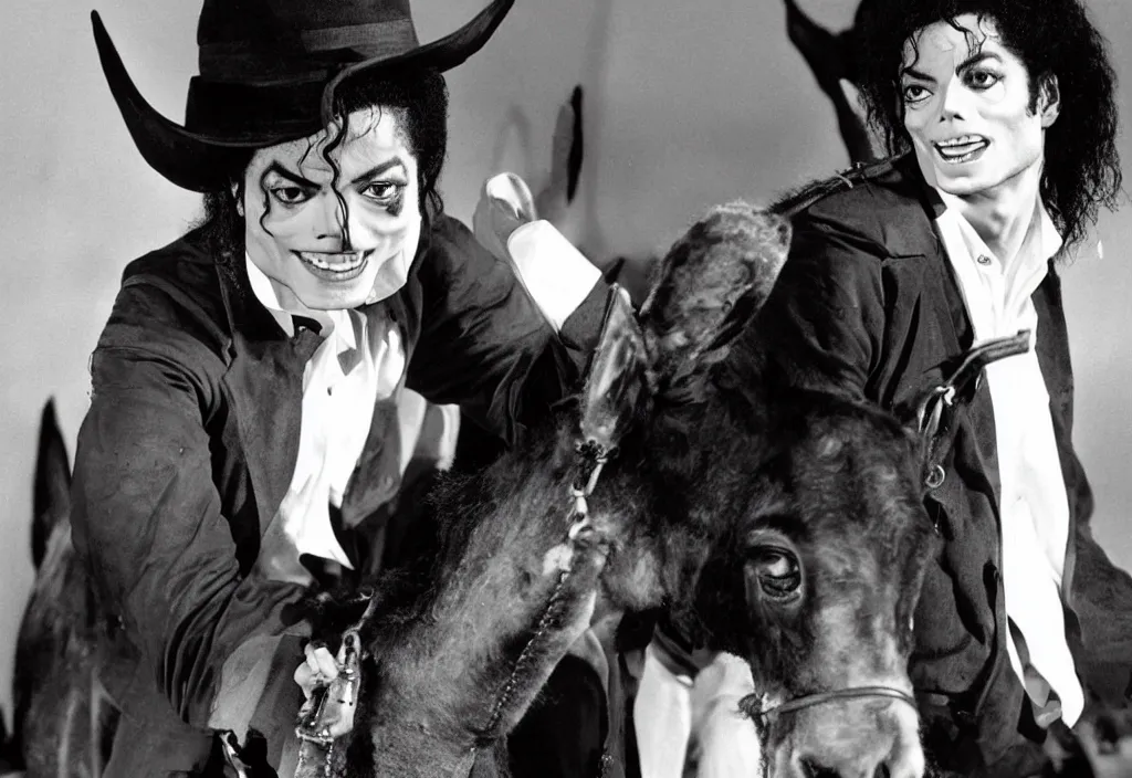 Prompt: michael jackson as a 1 9 5 0 s vampire riding a donkey
