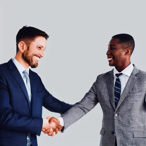 Prompt: photograph of a people in suits shaking hands, white background, close up