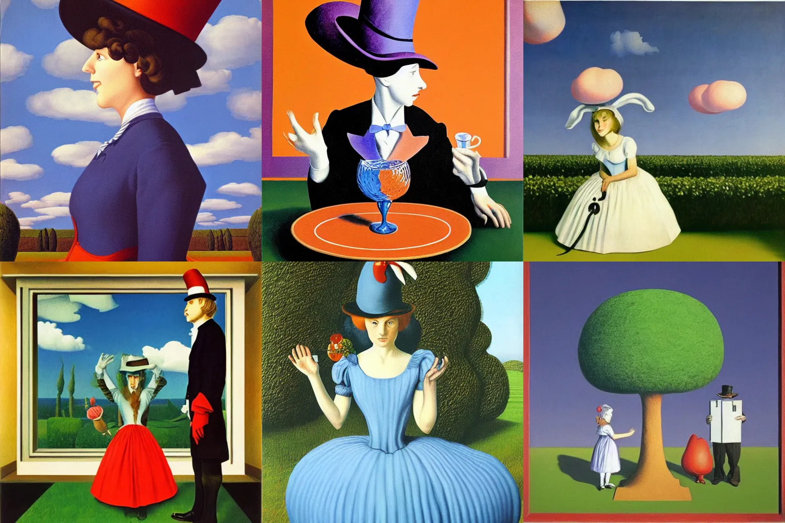 Prompt: painting of alice in wonderland, by rene magritte