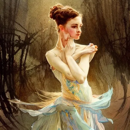 Image similar to a beautifull intricate watercolour painting of a dancing ballerina, reflexions, verry high details by william turner art, greg rutkowski and alphonse mucha, trending on artstation, very very detailed, masterpiece, muted colors