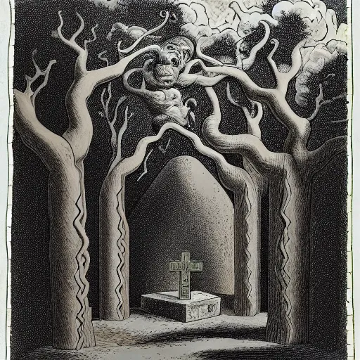 Prompt: at one end of a tomb, its curious roots displacing the time - stained blocks of pentelic marble, grows an unnaturally large olive tree of oddly repellent shape ; so like to some grotesque man, or death - distorted body of a man