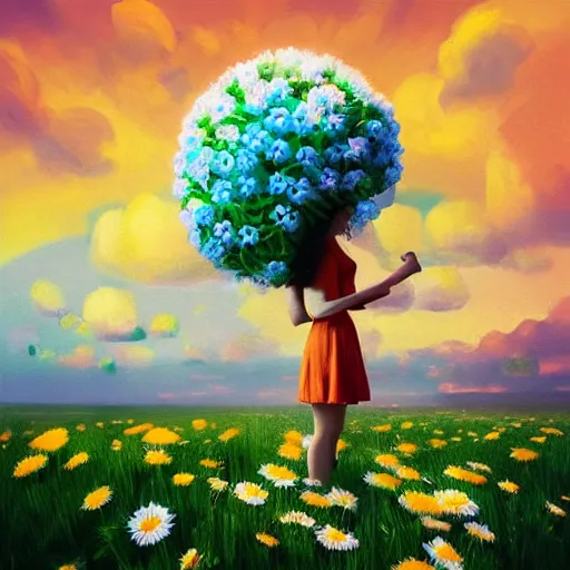 Image similar to girl with a giant daisies head, surreal photography, flower field, sunset dramatic light, impressionist painting, colorful clouds, blue sky, digital painting, artstation, simon stalenhag